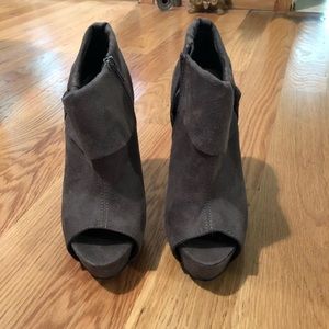 Grey open toe heeled booties